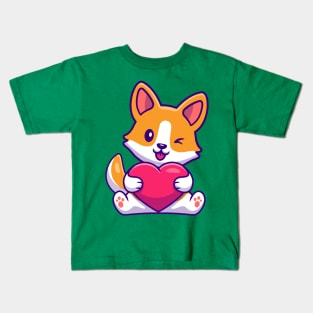 Cute Corgi Dog Holding Heart Cartoon Kids T-Shirt